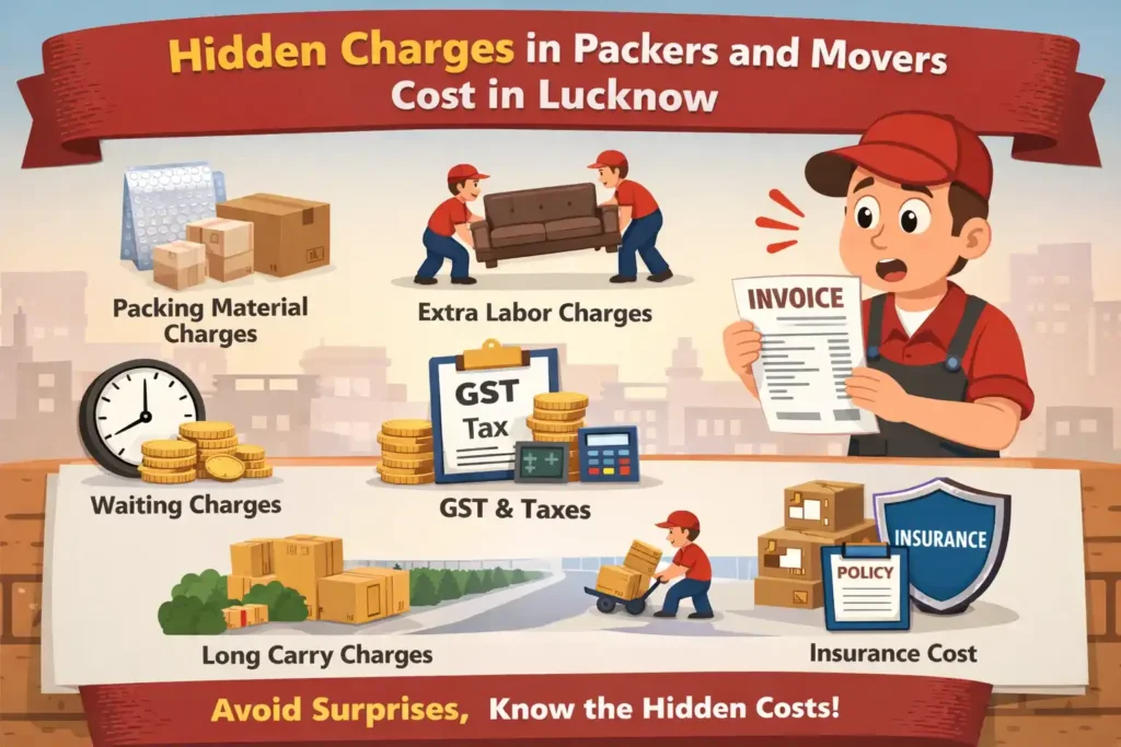 Infographic showing hidden charges in packers and movers cost in Lucknow including packing material charges, extra labor, GST, waiting charges, long carry charges, and insurance cost