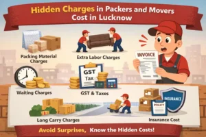 Infographic showing hidden charges in packers and movers cost in Lucknow including packing material charges, extra labor, GST, waiting charges, long carry charges, and insurance cost